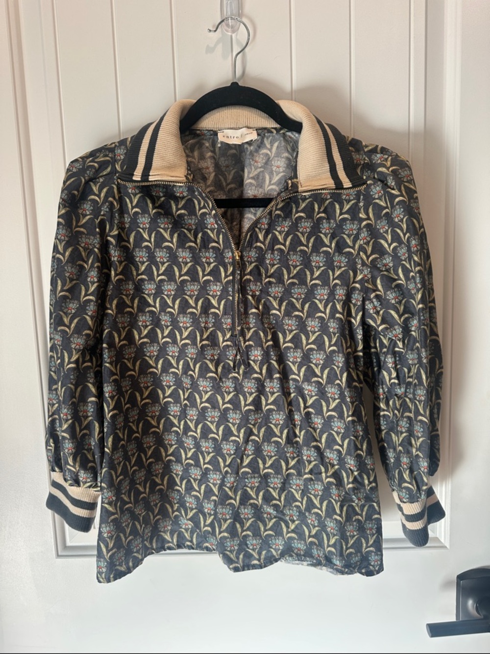 entro Black Floral Zip-Up Blouse with Cream Trim